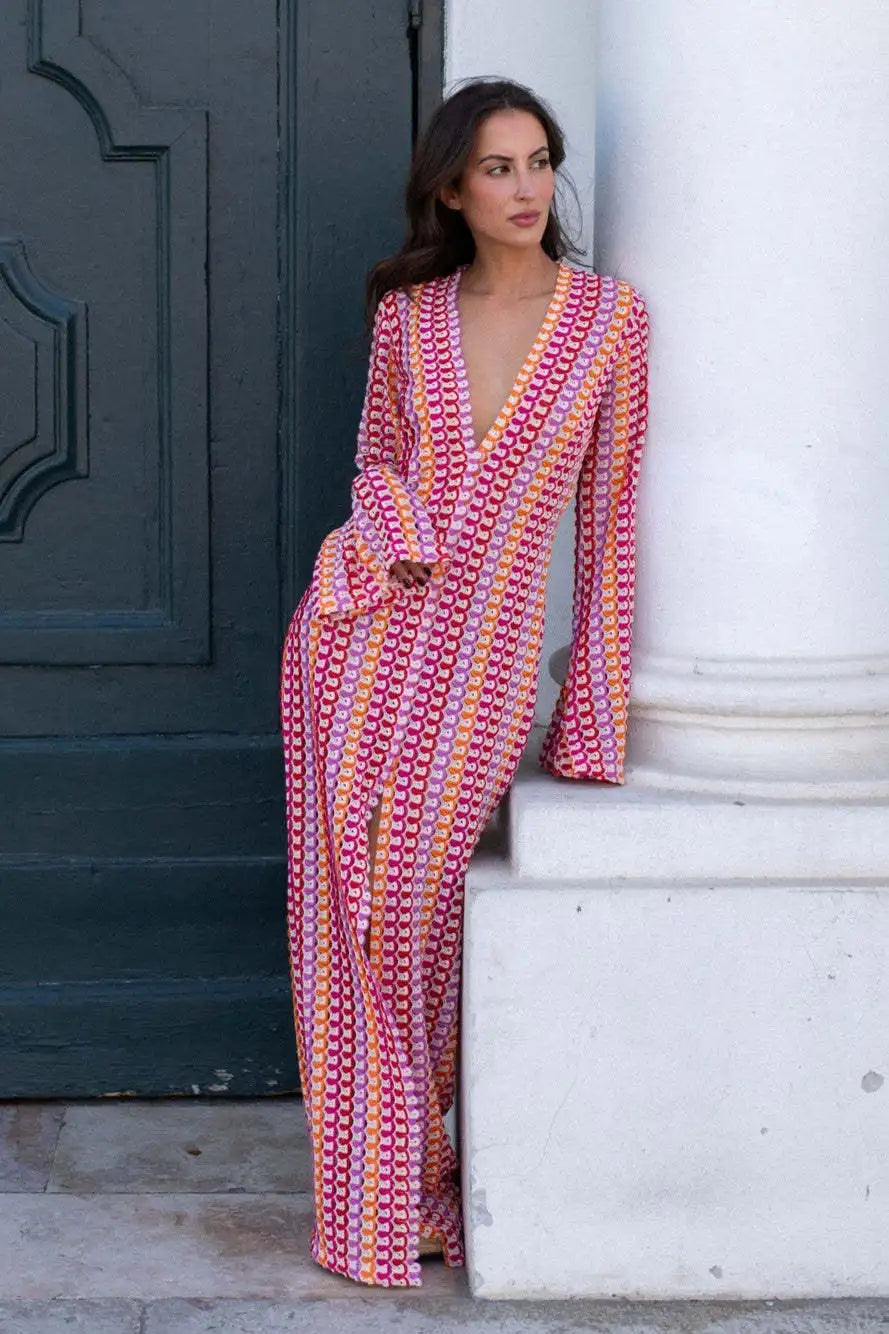 Abito Lungo Uncinetto Boho a Righe Colorate